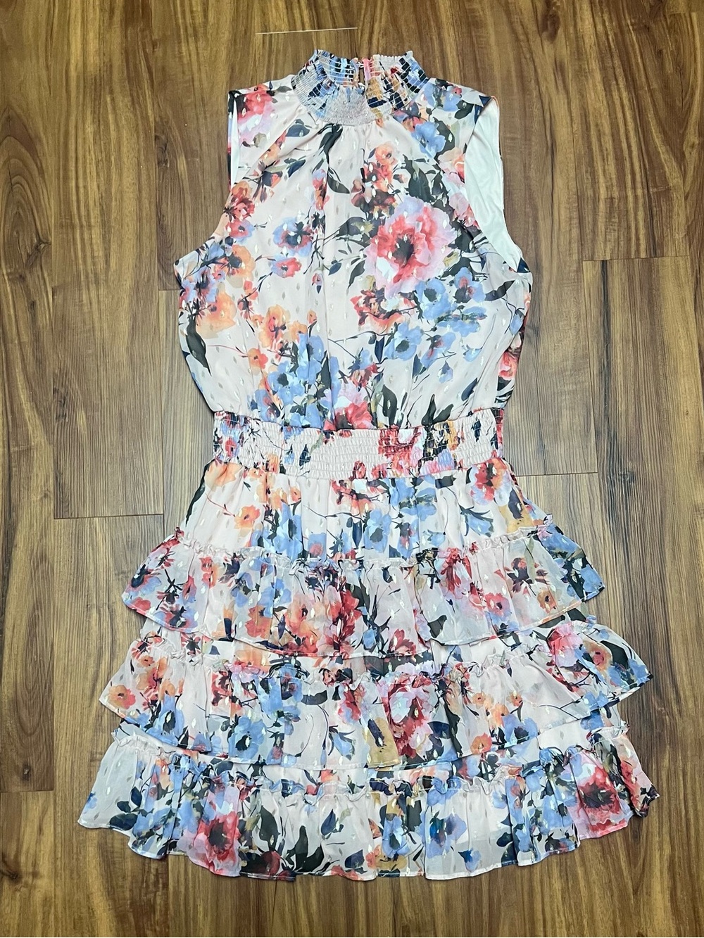 Floral Tiered Ruffle Sleeveless Dress - Cream / Pink / Blue